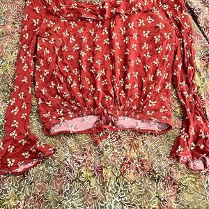 American Eagle Outfitters Red Floral Smocked Drawstring Crop Top